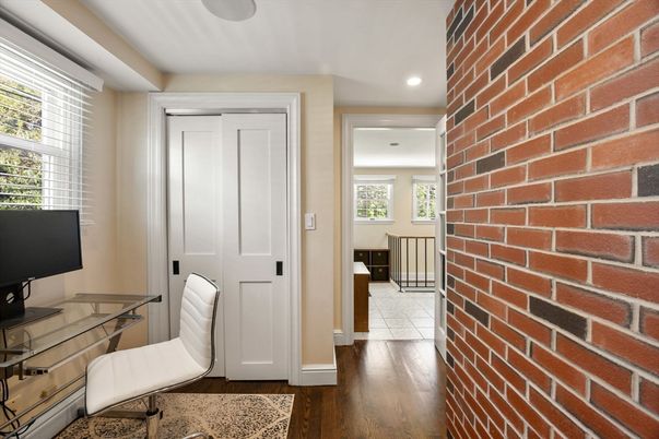 Home Office, Interior, Recessed Lighting, Stone Walls, Wood Texture Flooring