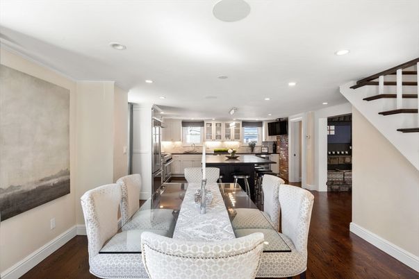 Dining room, Interior, Kitchen, Recessed Lighting, Stainless Steel Appliances, Wood Texture Flooring