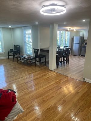 Dining room, Interior, Kitchen, Recessed Lighting, Stainless Steel Appliances, Wood Texture Flooring