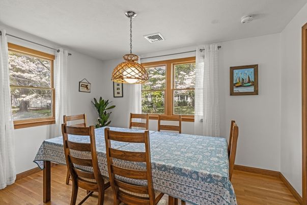 Dining room, Interior, Pendant Lights, Wood Texture Flooring