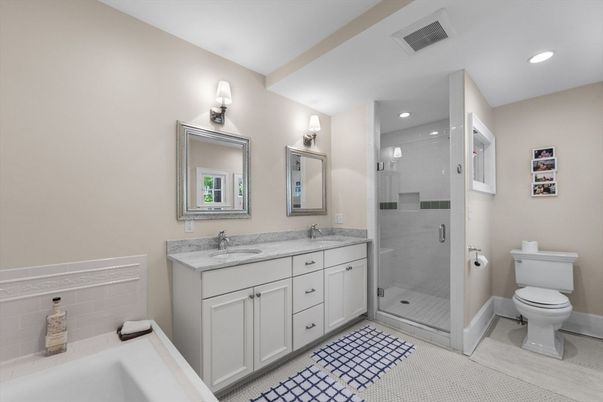 Bathroom, Dual Sink Vanities, Glass Shower, Interior, Recessed Lighting
