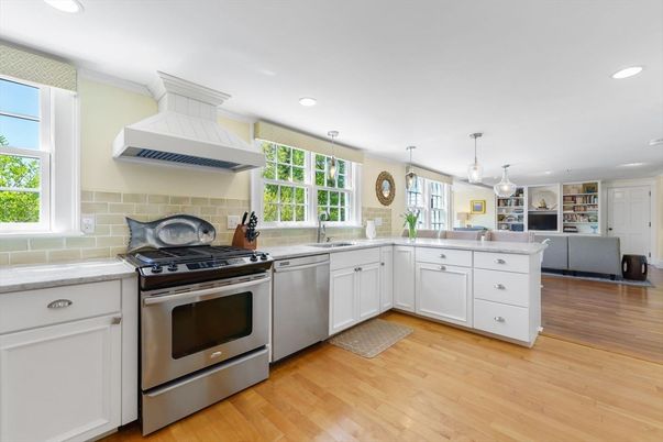 Interior, Kitchen, Pendant Lights, Recessed Lighting, Stainless Steel Appliances, Wood Texture Flooring