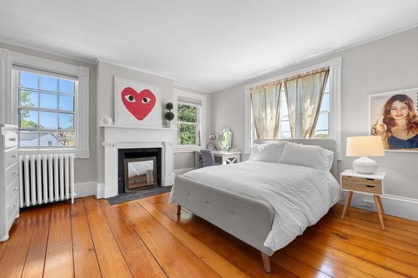 Bedroom, Fireplace, Interior, Wood Texture Flooring