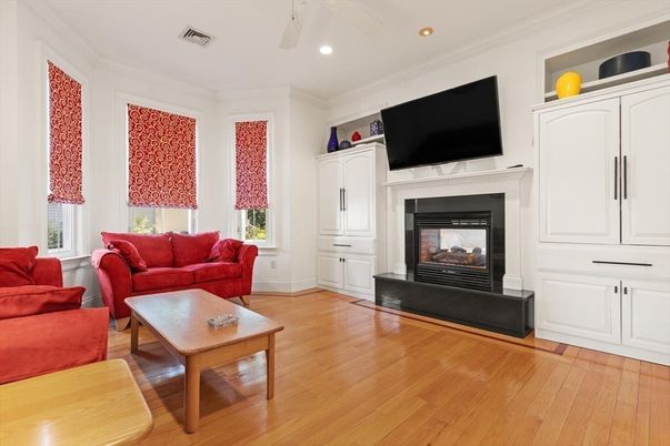 Fireplace, Interior, Living room, Recessed Lighting, Wood Texture Flooring