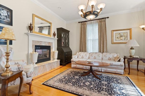 Chandelier, Fireplace, Interior, Living room, Recessed Lighting, Wood Texture Flooring