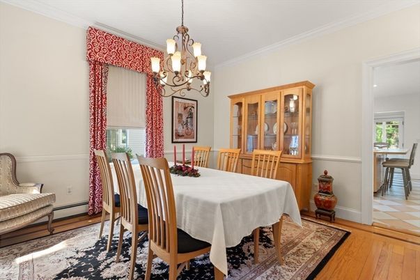 Chandelier, Dining room, Interior, Wood Texture Flooring