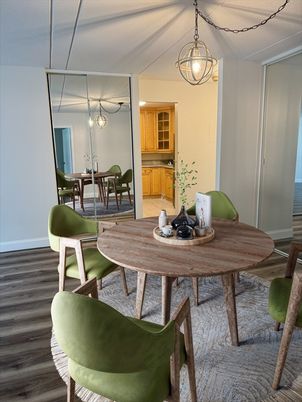 Dining room, Interior, Pendant Lights, Wood Texture Flooring