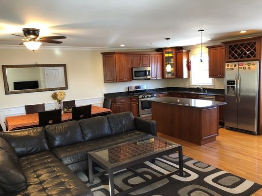 Dining room, Interior, Kitchen, Living room, Pendant Lights, Recessed Lighting, Stainless Steel Appliances, Wood Texture Flooring