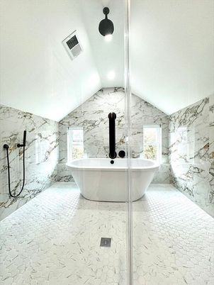 Bathroom, Free Standing Baths, Glass Shower, Interior, Marble, Marble Walls, Recessed Lighting