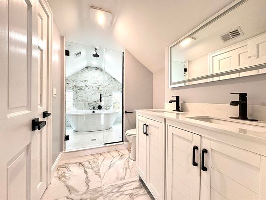 Bathroom, Dual Sink Vanities, Free Standing Baths, Interior, Marble, Marble Walls