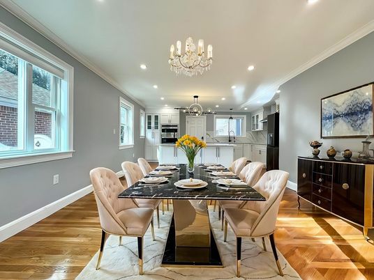 Chandelier, Dining room, Interior, Kitchen, Recessed Lighting, Stainless Steel Appliances, Wood Texture Flooring