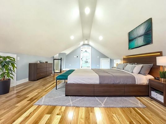 Bedroom, Interior, Recessed Lighting, Wood Texture Flooring