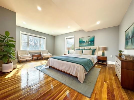 Bedroom, Interior, Recessed Lighting, Wood Texture Flooring