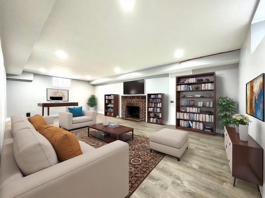 Fireplace, Interior, Living room, Piano, Recessed Lighting, Stone Walls, Wood Texture Flooring