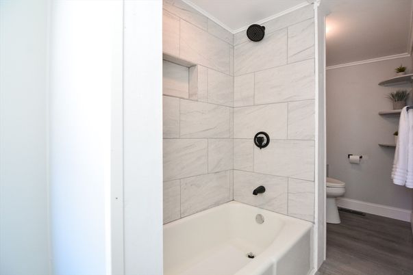 Bathroom, Interior, Marble Walls, Wood Texture Flooring