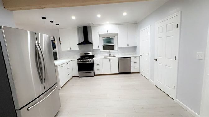 Interior, Kitchen, Pendant Lights, Recessed Lighting, Stainless Steel Appliances, Wooden Beams, Wood Texture Flooring