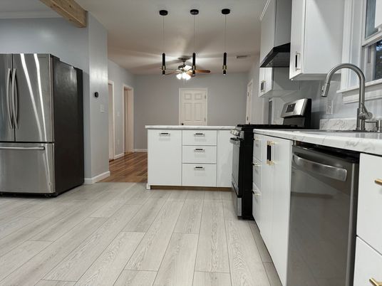 Interior, Kitchen, Pendant Lights, Stainless Steel Appliances, Wood Texture Flooring