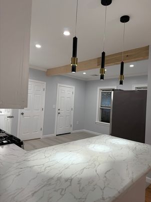 Interior, Kitchen, Marble, Pendant Lights, Recessed Lighting, Stainless Steel Appliances