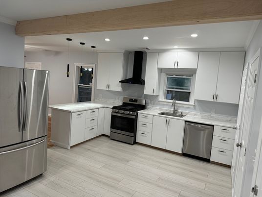 Interior, Kitchen, Pendant Lights, Recessed Lighting, Stainless Steel Appliances, Wooden Beams, Wood Texture Flooring