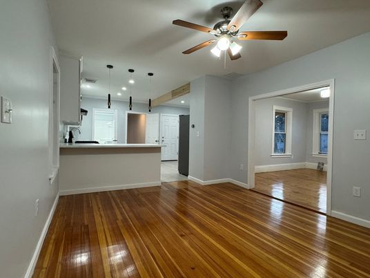Empty room, Interior, Kitchen, Pendant Lights, Recessed Lighting, Wood Texture Flooring