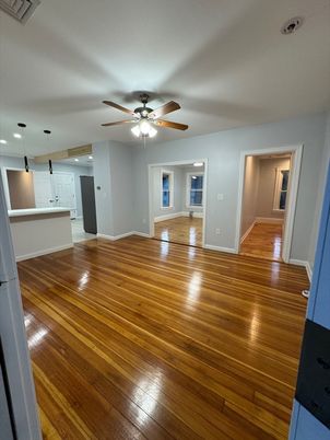Empty room, Interior, Kitchen, Pendant Lights, Recessed Lighting, Wood Texture Flooring