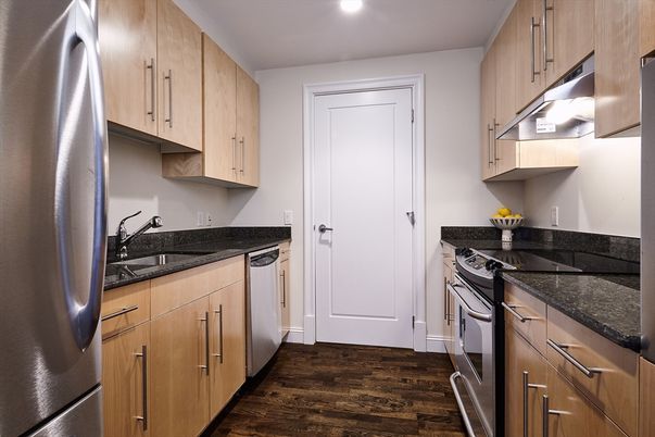Interior, Kitchen, Recessed Lighting, Stainless Steel Appliances, Wood Texture Flooring