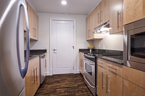 Interior, Kitchen, Recessed Lighting, Stainless Steel Appliances, Wood Texture Flooring