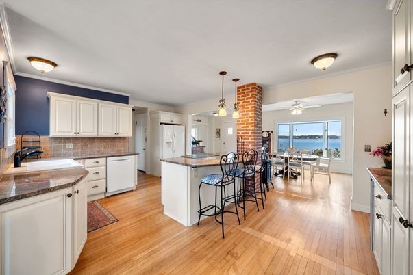 Dining room, Interior, Kitchen, Pendant Lights, Stone Walls, Water, Wood Texture Flooring