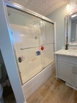 Bathroom, Glass Shower, Interior, Wood Texture Flooring