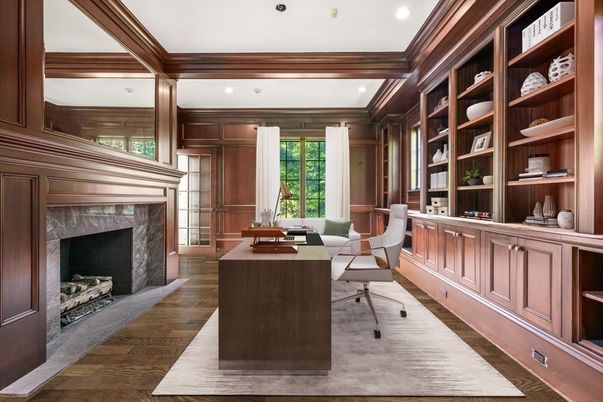 Fireplace, Home Office, Interior, Recessed Lighting, Wood Texture Flooring, Wooden Walls