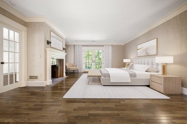 Bedroom, Fireplace, Interior, Wood Texture Flooring