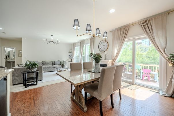 Chandelier, Dining room, Interior, Living room, Pendant Lights, Recessed Lighting, Wood Texture Flooring