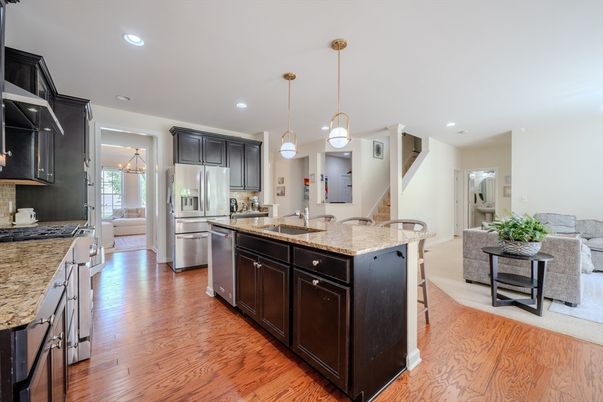 Interior, Kitchen, Living room, Pendant Lights, Recessed Lighting, Stainless Steel Appliances, Wood Texture Flooring