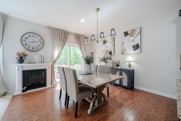 Dining room, Fireplace, Interior, Pendant Lights, Recessed Lighting, Wood Texture Flooring