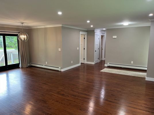 Empty room, Interior, Pendant Lights, Recessed Lighting, Wood Texture Flooring