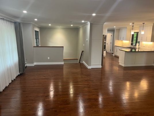 Empty room, Interior, Kitchen, Pendant Lights, Recessed Lighting, Wood Texture Flooring
