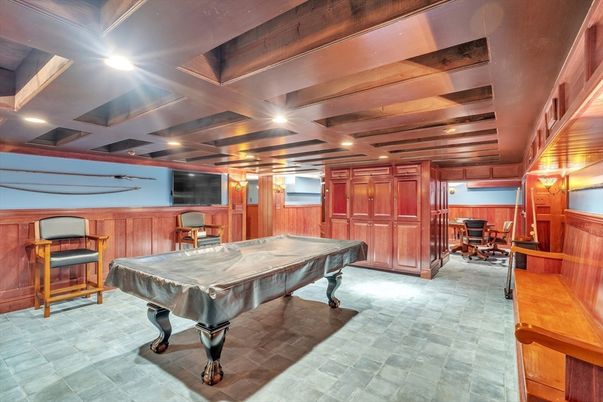 Billiard Table, Game Room, Interior, Recessed Lighting, Wooden Beams, Wooden Walls