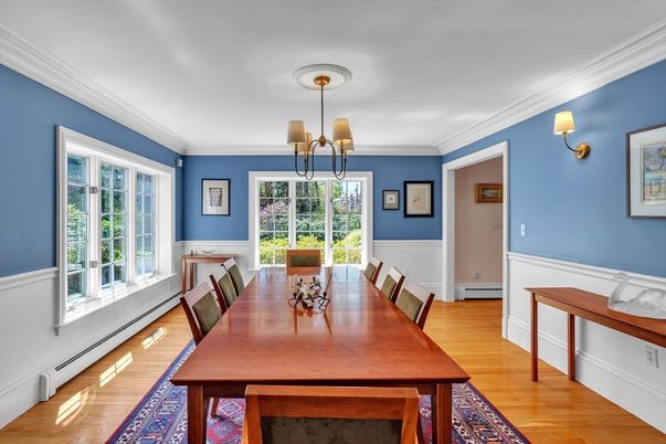 Dining room, Interior, Pendant Lights, Wood Texture Flooring