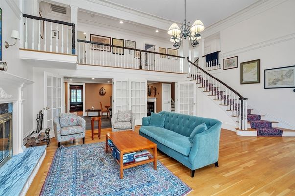Chandelier, Fireplace, Interior, Living room, Recessed Lighting, Wood Texture Flooring