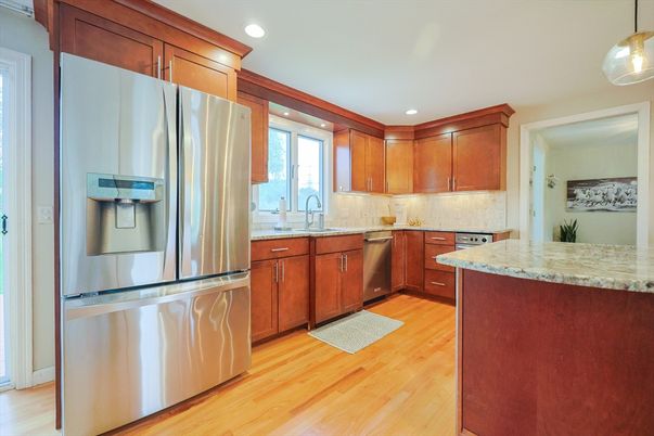 Interior, Kitchen, Pendant Lights, Recessed Lighting, Stainless Steel Appliances, Wood Texture Flooring