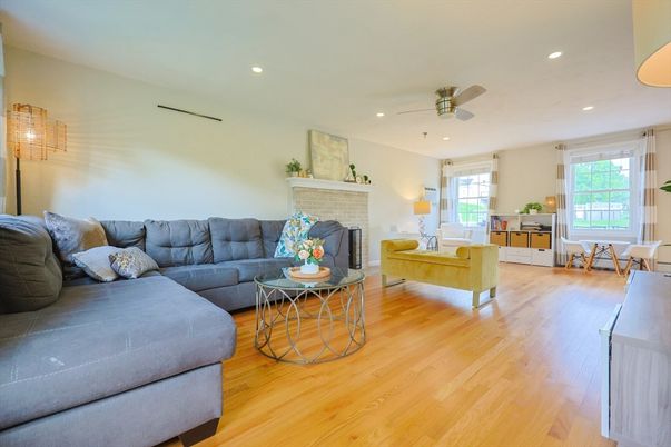 Fireplace, Interior, Living room, Recessed Lighting, Wood Texture Flooring