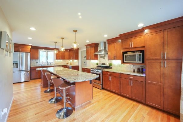 Interior, Kitchen, Pendant Lights, Recessed Lighting, Stainless Steel Appliances, Wood Texture Flooring