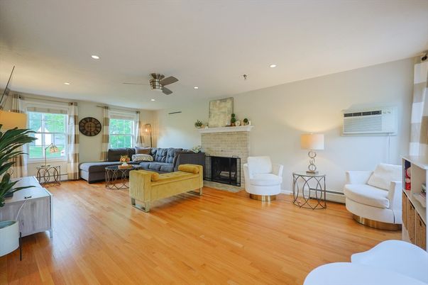 Fireplace, Interior, Living room, Recessed Lighting, Wood Texture Flooring