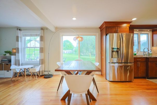 Dining room, Interior, Kitchen, Recessed Lighting, Stainless Steel Appliances, Wood Texture Flooring