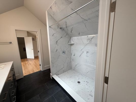 Bathroom, Interior, Marble Walls, Wood Texture Flooring