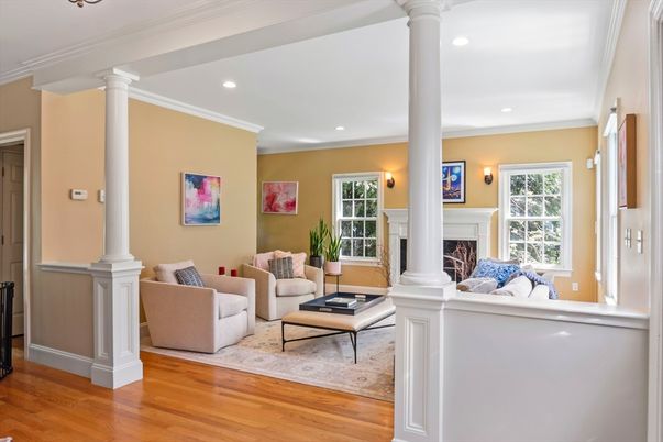 Fireplace, Interior, Living room, Recessed Lighting, Wood Texture Flooring