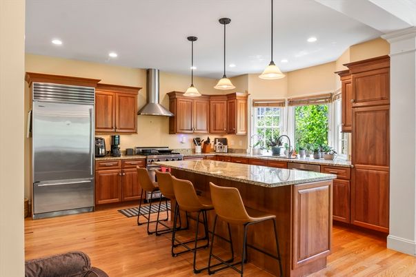 Interior, Kitchen, Pendant Lights, Recessed Lighting, Stainless Steel Appliances, Wood Texture Flooring