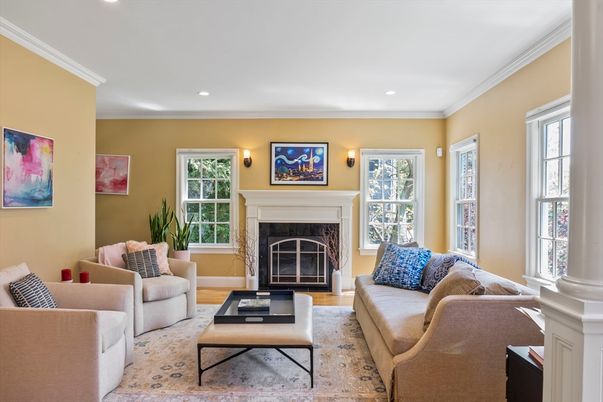 Fireplace, Interior, Living room, Recessed Lighting, Wood Texture Flooring