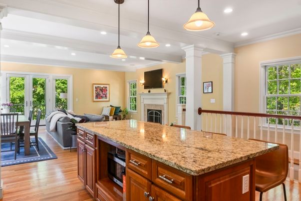 Fireplace, Interior, Living room, Pendant Lights, Recessed Lighting, Wood Texture Flooring