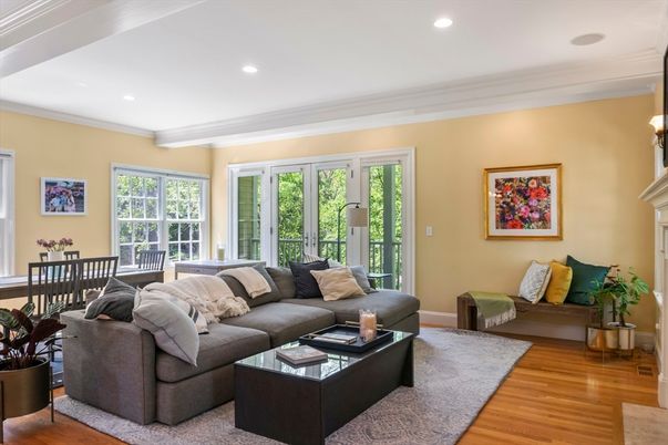 Dining room, Fireplace, Interior, Living room, Recessed Lighting, Wood Texture Flooring